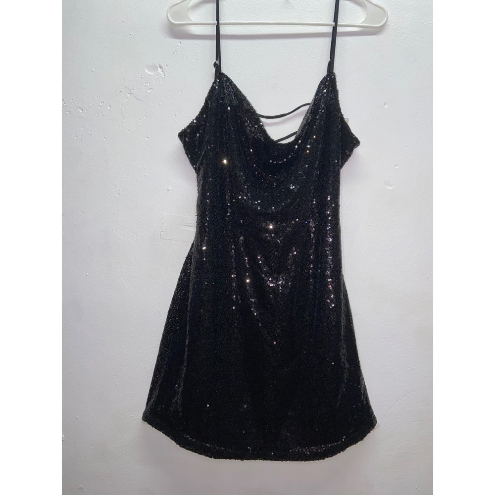 Birch and Stone Black Sequin Cowl Neck Lace Up Back Mini Dress XL Sparkly Party